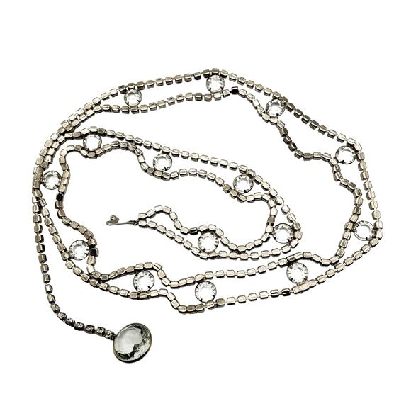 Crystal Rhinestone Belt Silver Tone Prong D&E 38" Skinny Bling Adjustable 1960s - Picture 1 of 12